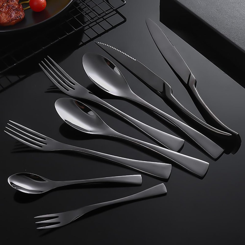 48 PCS Black Silverware Set with Steak Knives Flatware Cutlery Set for 618/8 Food-Grade Stainless Steel include Dinner knives Forks Spoons Teaspoons Home Kitchen Halloween Essentials Christmas