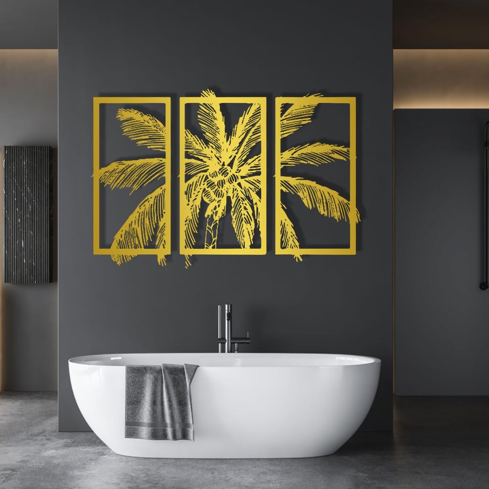 Cadeali Metal Wall Art, Tropical Palm Tree, Gold, 71L" x 35W", Framed, Vertical, Modern, Bathroom, Unisex, Outdoor, Matte Finish, 1 Count, Original Artwork