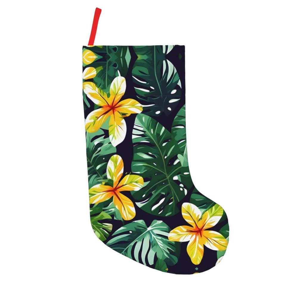 BrUgui Fun and Durable Christmas Stocking with Hanging Strap - Festive Holiday Decor and Gift Bag Accessory Hawaiian Tropical Leaves Flowers