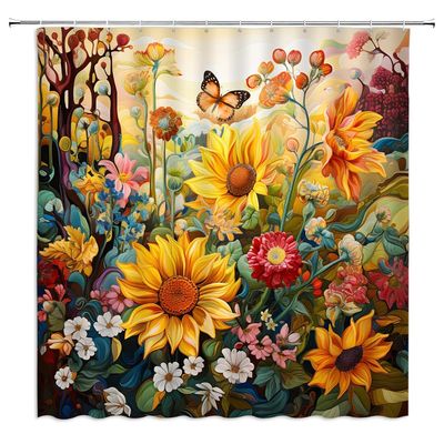 ZWSMZW Floral Butterfly Shower Curtain Fantasy Sunflower Butterflies Colorful Wildflower Plant Nature Scenery Woman Romantic Bathroom Decor Fabric Curtains with Hooks
