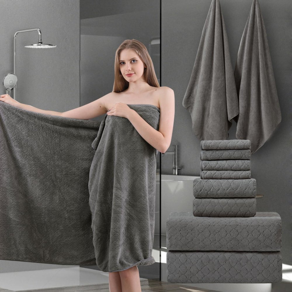8-Piece Bath Towels Set,2 Oversized Large Bath Towels Sheet,2 Hand Towels and 4 Washcloths - 600 GSM Soft Microfiber Highly Absorbent Quick Dry Shower Towel Collection for Bathroom Hotel and Spa,Brown