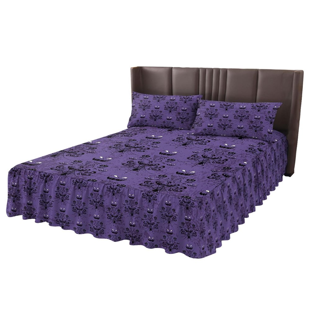 Full Bed Skirts Ruffled 2 Piece Set with Pillow Shams, Halloween Haunted Ghost House Mansion Spider Luxury Ruffle Skirt Bedspread Classic Sheet with Pillowcases Bedding Sets