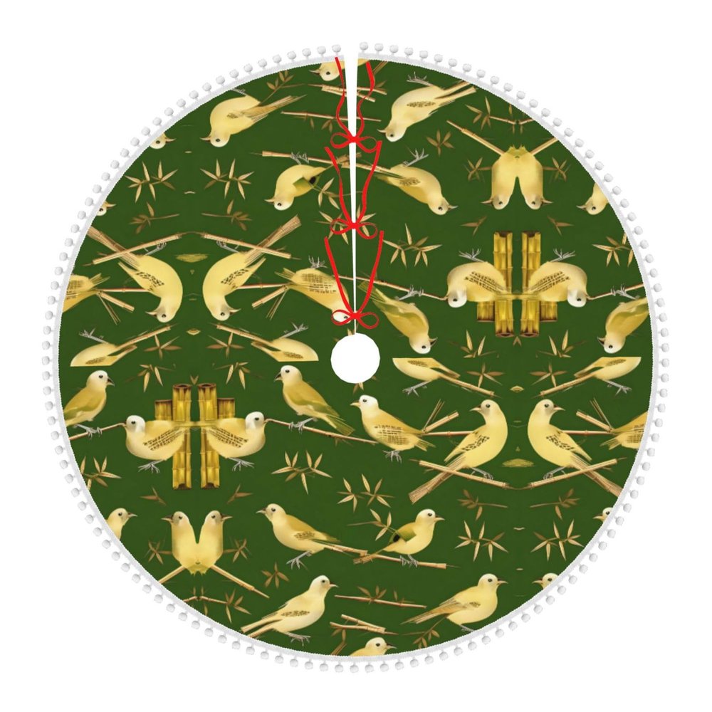 Christmas Tree Skirt - Vibrant & Durable, Protects Floors - Ideal for Christmas, Halloween, and Cosplay Bamboo Bird Pattern