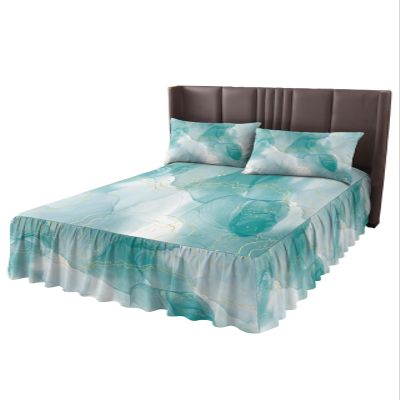 Full Bed Skirts Ruffled 2 Piece Set with Pillow Shams, Teal Marble Golden Lines Modern Ombre Abstract Luxury Ruffle Skirt Bedspread Classic Sheet with Pillowcases Bedding Sets