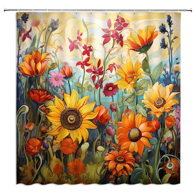 ZWSMZW Boho Floral Shower Curtain Colorful Wildflower Plant Abstract Sunflower Nature Scenery Woman Romantic Bathroom Decor Fabric Curtains with Hooks