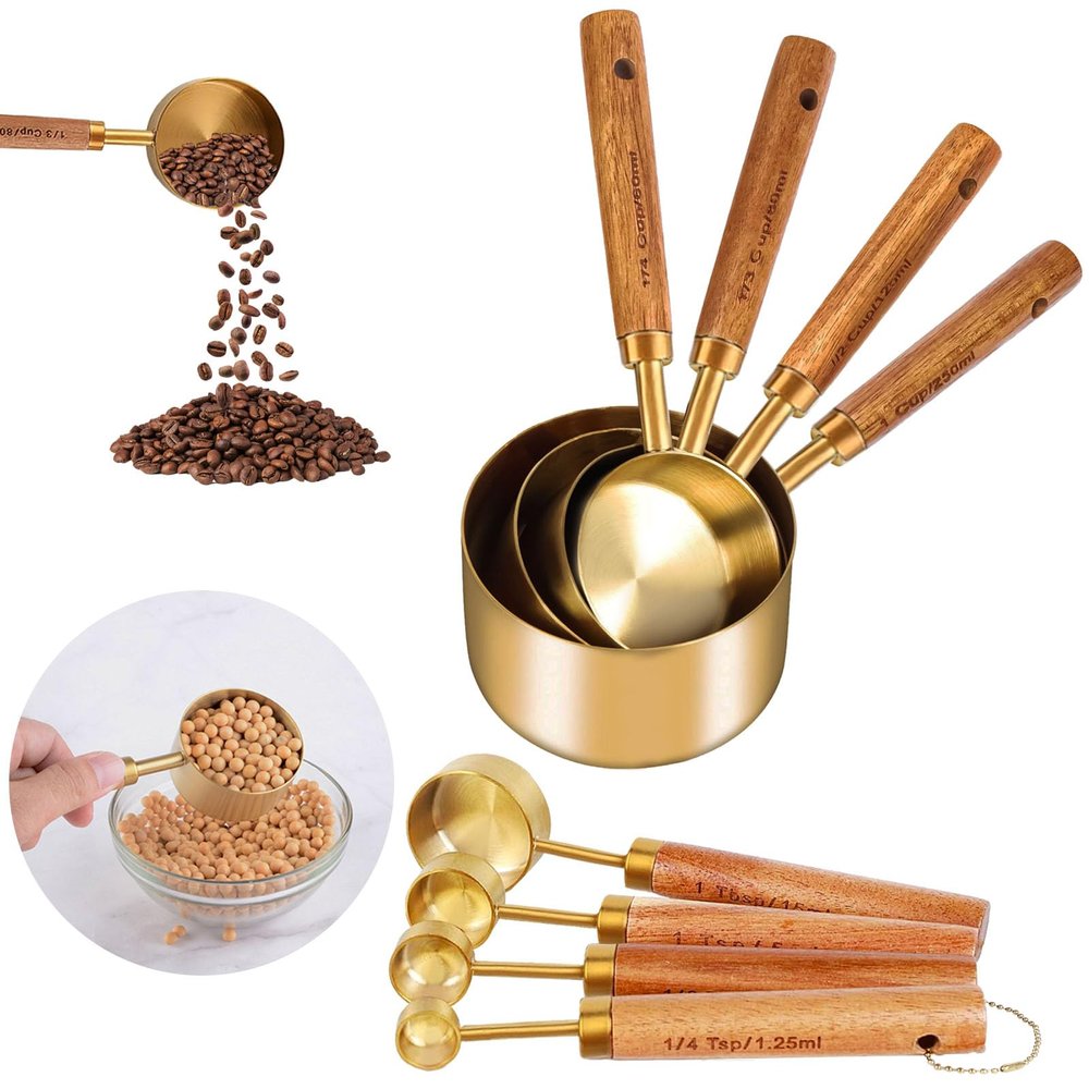 NDSWKR 8 Piece Gold Measuring Cups and Spoons Set, Fragrant Wood Handle with Metric and US Measurements, Stainless Steel Measuring Cups for Kitchen, Cooking, Baking, Dry & Liquid