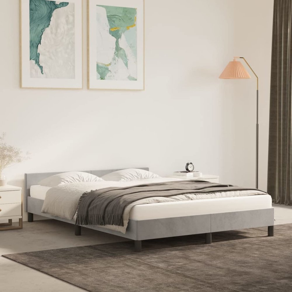 Gecheer Bed Frame with Headboard, Light Gray Queen Velvet Upholstered Platform Bed Frame 59.8x79.9 Inches for Bedroom