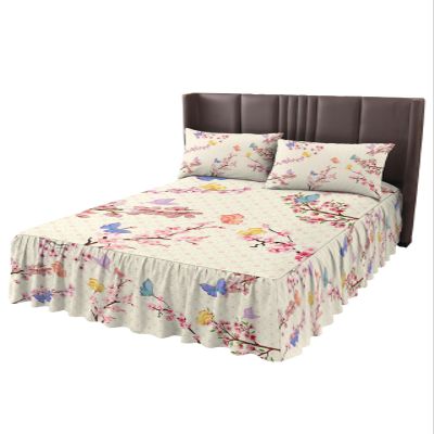 Twin Bed Skirts Ruffled 2 Piece Set with Pillow Shams, Butterfly Cherry Blossoms Pink Beige Luxury Ruffle Skirt Bedspread Classic Sheet with Pillowcases Bedding Sets
