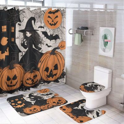 ZGDPBYF Bathroom Rug Set of 3 Halloween 3 Pieces Bath Mats Set for Bathroom, Witch Girl Washable Cover Floor Rug Decorations for Kitchen Bathroom Bedroom
