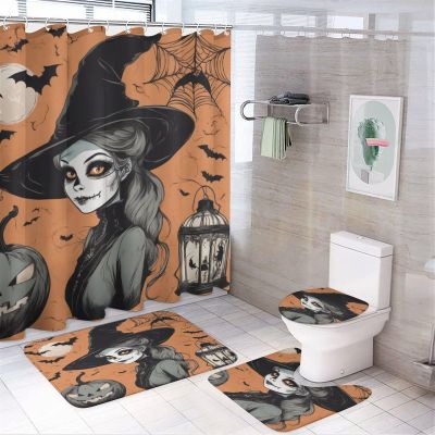 ZGDPBYF 3 Piece Bathroom Rugs Set, Halloween Non-Slip Soft Bath Mat Set, Witch Girl Bathroom Mat, Living Room Bedroom Mat, Machine Washable, Dries Quickly,