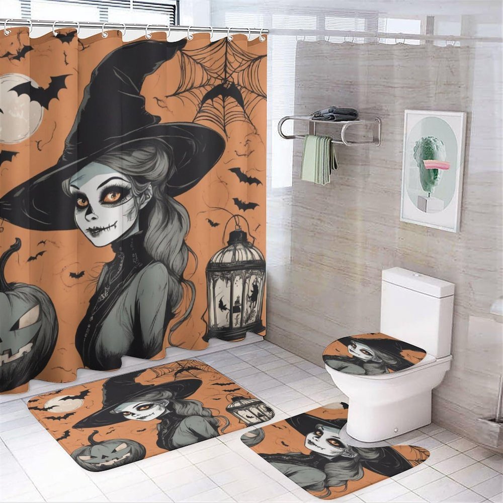 ZGDPBYF 3 Piece Bathroom Rugs Set, Halloween Non-Slip Soft Bath Mat Set, Witch Girl Bathroom Mat, Living Room Bedroom Mat, Machine Washable, Dries Quickly,