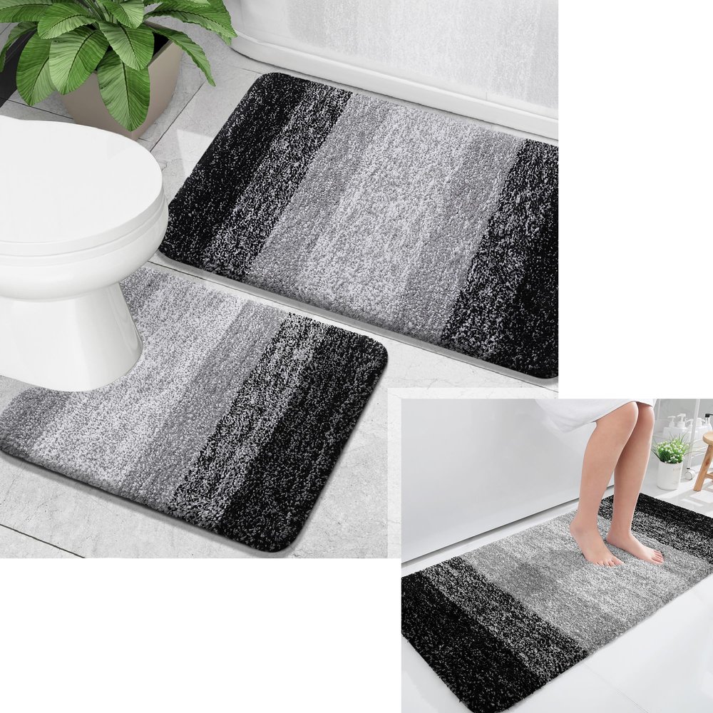 OLANLY Ombre Bath Rug and Bathroom Rugs Sets 2 Piece, Bath Rug Size 47x24 and Bathroom Rug Set Size 24x16+24x20 in Black, 3 Item Bundle