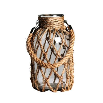 BEIJIALY Rope Net Dry Flower Glass Vase, Rustic Glass Flower Vase with Rope Net, Decorative Dry Flower Glass Vase with Handle Floral Container for Farmhouse Decor(Style 3)