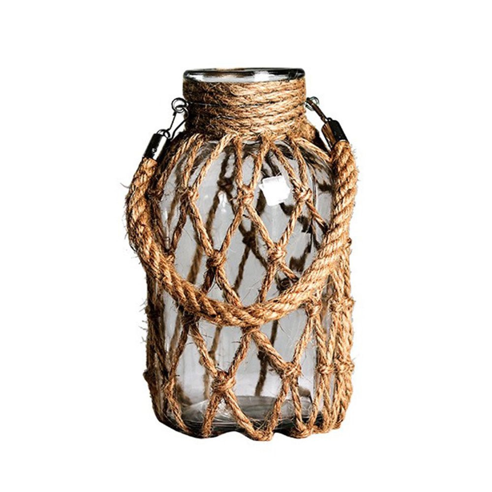 BEIJIALY Rope Net Dry Flower Glass Vase, Rustic Glass Flower Vase with Rope Net, Decorative Dry Flower Glass Vase with Handle Floral Container for Farmhouse Decor(Style 3)
