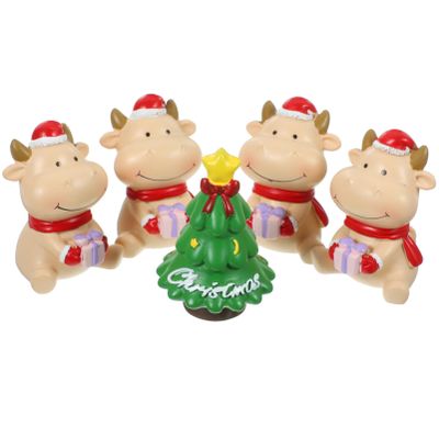ABOOFAN 5pcs Mini Resin Christmas Figurines Xmas Ornaments Xmas Ox Christmas Tree for Home Tabletop Decor Lifelike Holiday Decorations