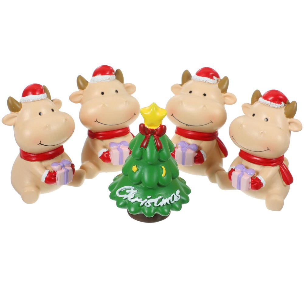 ABOOFAN 5pcs Mini Resin Christmas Figurines Xmas Ornaments Xmas Ox Christmas Tree for Home Tabletop Decor Lifelike Holiday Decorations