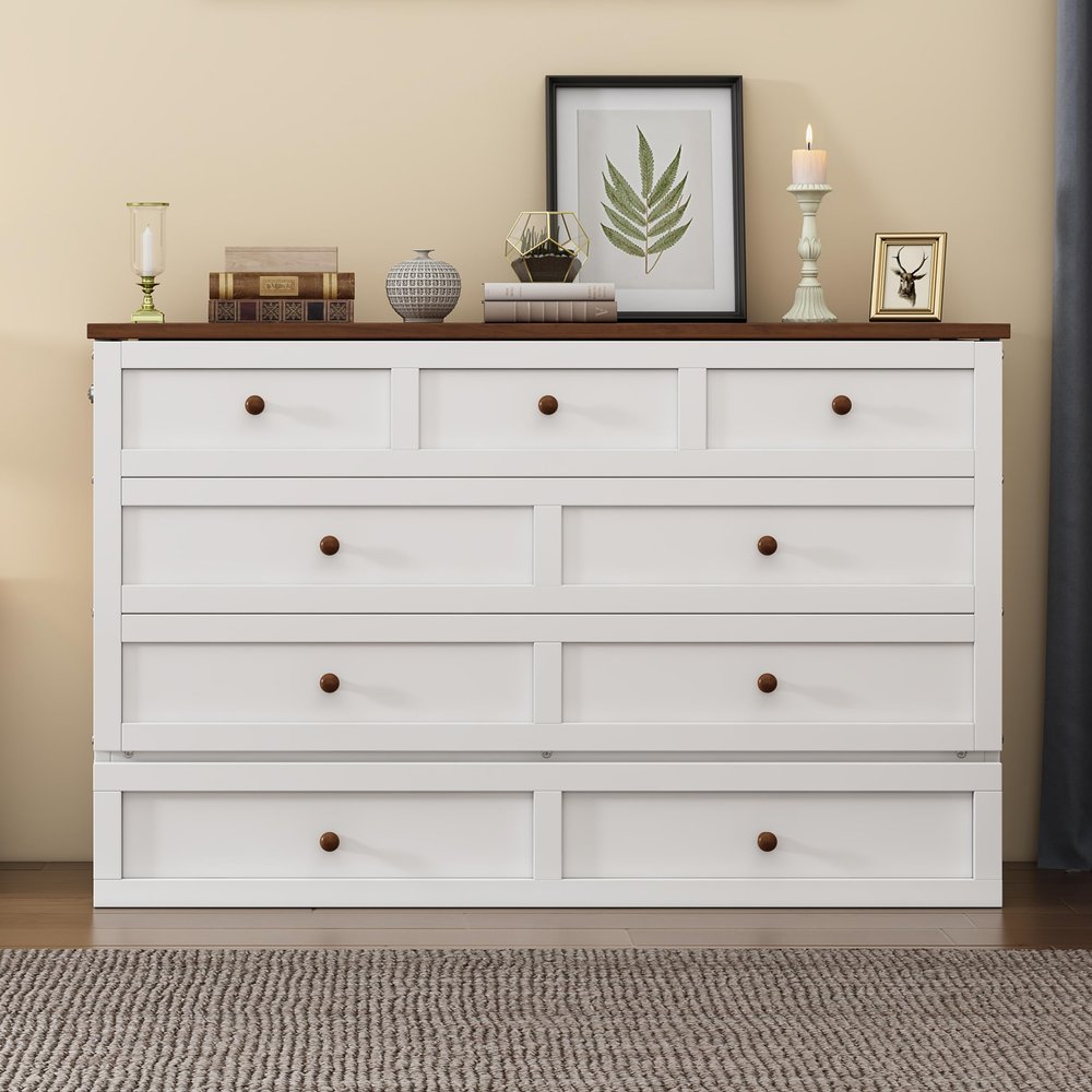 Full Size Solid Pine Murphy Bed Chest with Charging Station and Large Storage Drawe,Folding Feature Perfect for Home Office or Small Room.