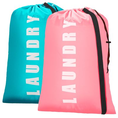 Isink Heavy Duty Laundry Bag with Strap,2 Pack Travel Laundry Bags for Dirty Clothes,24" x 36" Large Laundry Bag for Traveling,Camping,Dorm (Cyan + Pink)