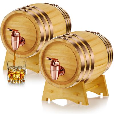 Geetery 2 Pack 2 Liter Wood Barrel with Stand Wooden Whiskey Barrel Vintage Beer Tequila Rum Whiskey Dispenser Wine Making Barrels for Home Table Display Decoration Entertaining (2 Liters)