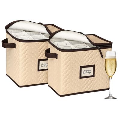 Champagne Flute Storage Boxes with Dividers - Set of 2 - Each Holds 12 Glasses up to 3.75" Wide - Quilted Microfiber Case with Handles - Protects Stemware - Ideal for Champagne & White Wine Glasses