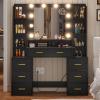 BTHFST Vanity Desk with Mirror and Lights & Glass Top,Makeup Vanity with Lights,10x Magnifying Mirror & Charging Station,Large Vanity Table with 8 Drawers,Acrylic Dividers & Shelves,Black Wood Grain view 1