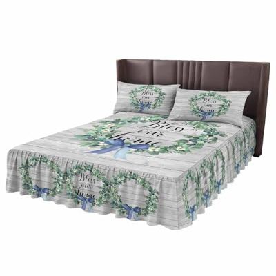 Bless Our Home Wrap Around Pleated Bed Skirts for Cal.King Bed 72x84, Teal Eucalyptus Leaves Rustic Wooden Decorative Dust Ruffle Bed Sheet & Bedskirt 18'' Drop Bedspread with Pillow Case 20x36