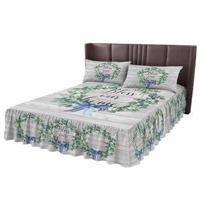 Bless Our Home Wrap Around Pleated Bed Skirts for Cal.King Bed 72x84, Teal Eucalyptus Leaves Rustic Wooden Decorative Dust Ruffle Bed Sheet & Bedskirt 18'' Drop Bedspread with Pillow Case 20x36