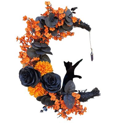 Autumnal Garland Door Wreaths Outdoor All Year, Halloween Handmade Black Cat Wreath with Lights Halloween Decorations Bedroom Dead Branch Garland Black Bedroom Decor Room Decor ( Color : A-f , Size :