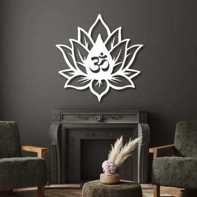 Cadeali Lotus Flower Wall Art, Metal Lotus Flower Wall Art, Om Metal Decor, Spiritual Decor, Om Symbol Sign, Living Room, Bedroom, Yoga Room Hangings, Home Decortion (White, 18"x 18"| 47x47cm)