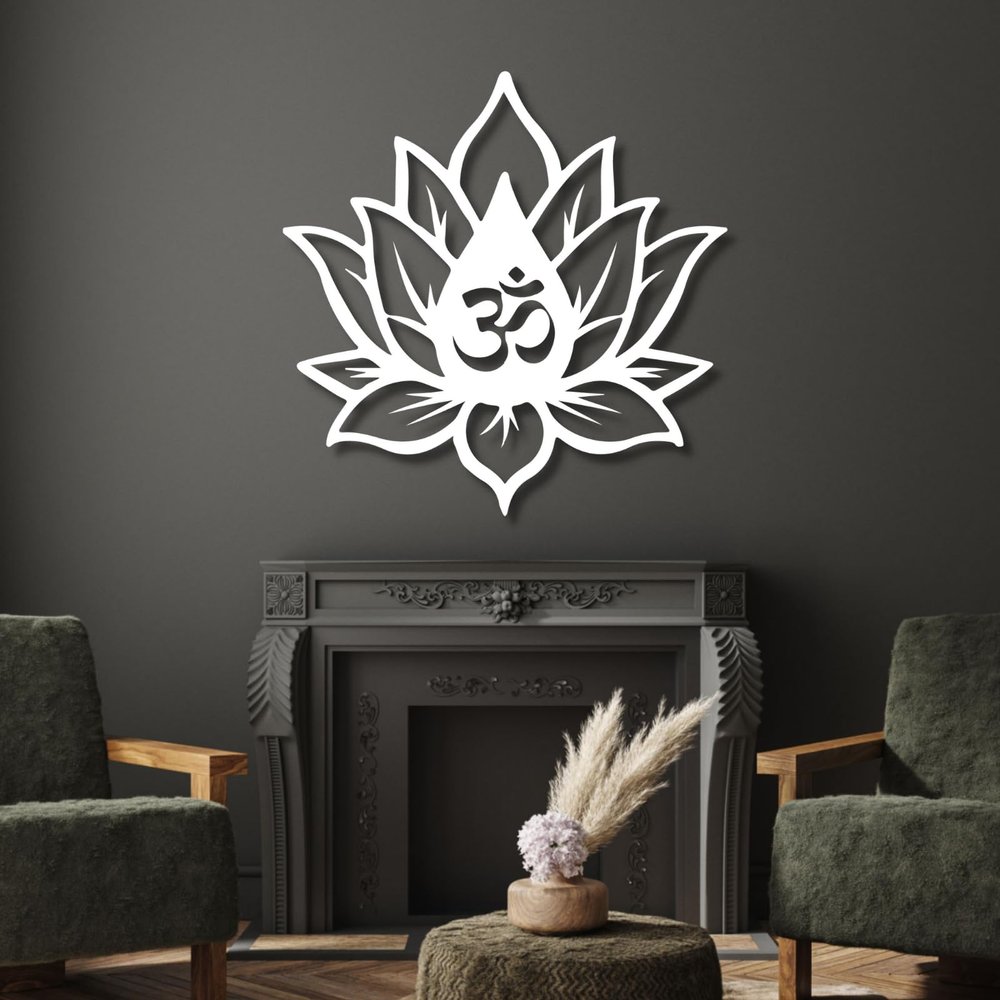 Cadeali Lotus Flower Wall Art, Metal Lotus Flower Wall Art, Om Metal Decor, Spiritual Decor, Om Symbol Sign, Living Room, Bedroom, Yoga Room Hangings, Home Decortion (White, 18"x 18"| 47x47cm)