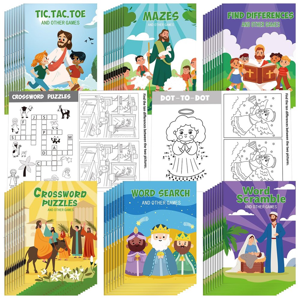 Hungdao 48 Pcs Bible Mini Activity Books for Kids, Mini Fun and Games, Challenging Activities Include Mazes, Word Search, Word Scramble and More Bulk Gifts for Kids Party Classroom
