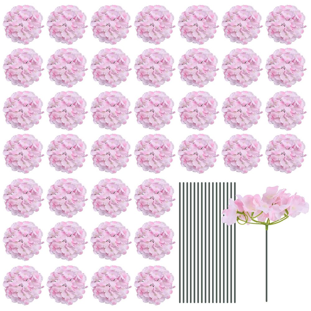 MECCANIXITY Silk Artificial Hydrangea Flowers, Pink Artificial Flowers Heads with Stems, Full Hydrangea Flowers for Wedding Centerpieces, Party Decoration 64 Set