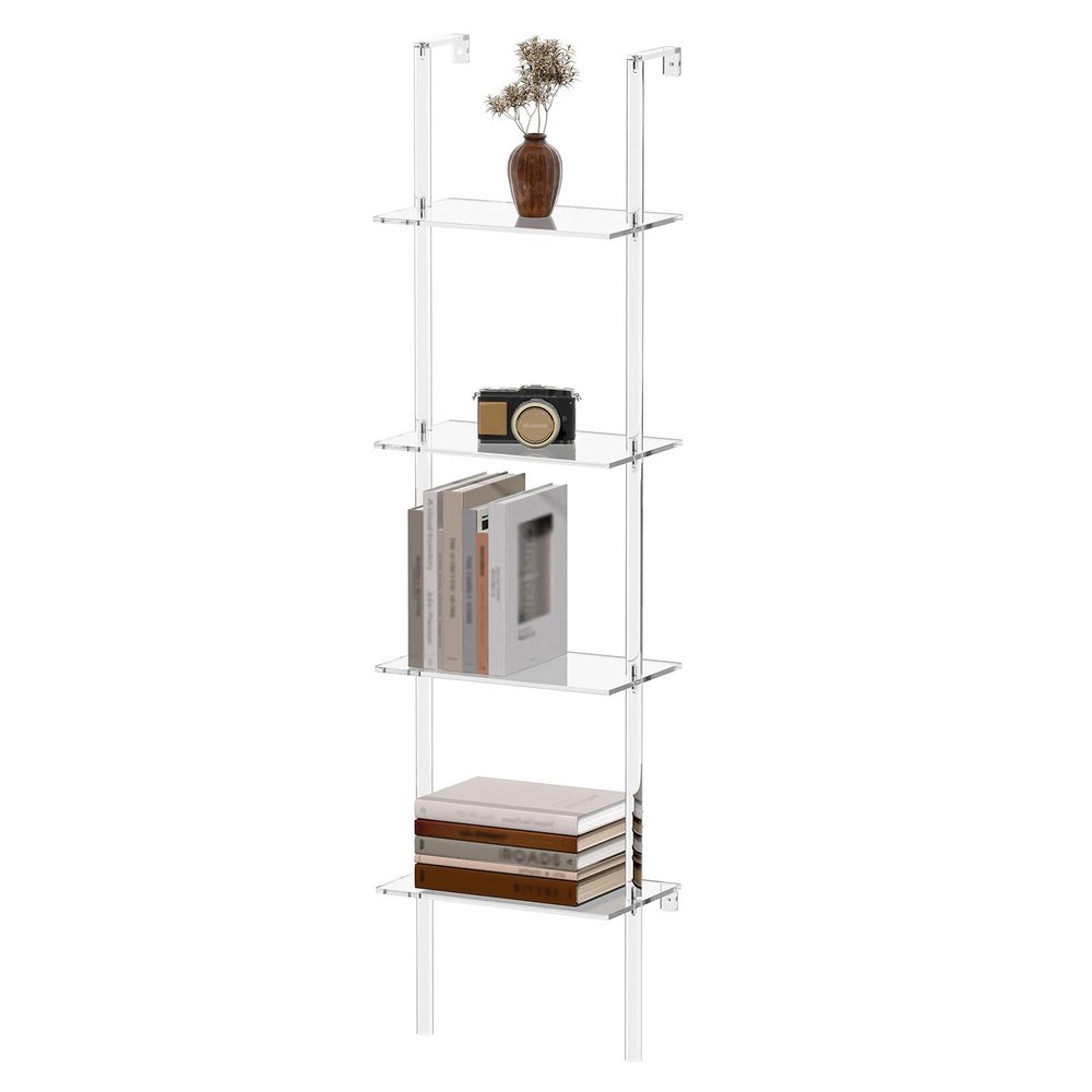 CRTERICX Small Acrylic Ladder Bookshelf, 9.5" D x 15.6" W, 4-Tier Clear Wall Mounted Book Shelf for Small Spaces, Multipurpose Bookcase for Living Room, Bathroom, Office, Modern, 59" H