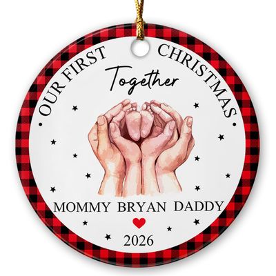 1st Christmas Family of 3 Ornament 2026, Our First Christmas Together Ceramic Keepsake, Custom Baby Name Christmas Ornament Gifts for New Dad New Mom, First Xmas Family of Three Ornament Gifts