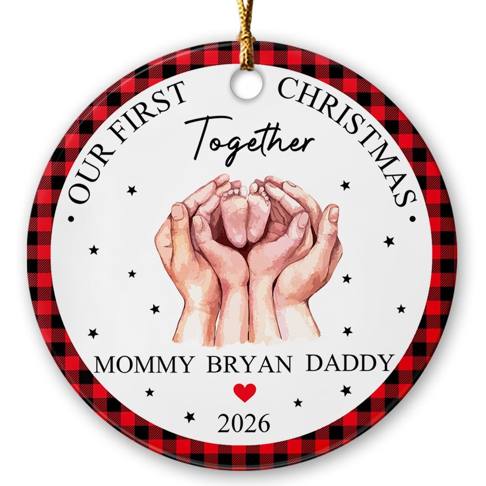1st Christmas Family of 3 Ornament 2026, Our First Christmas Together Ceramic Keepsake, Custom Baby Name Christmas Ornament Gifts for New Dad New Mom, First Xmas Family of Three Ornament Gifts