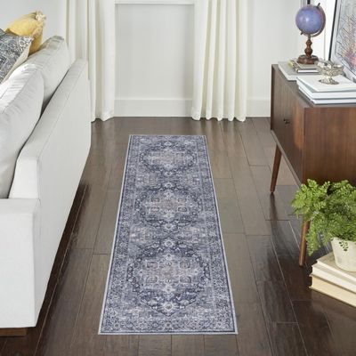 10' Blue and Ivory Floral Power Loom Distressed Washable Runner Rug