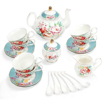 fanquare 21-Piece Green and Floral Porcelain Tea Set, Vintage Ceramic Tea Cup and Saucer Set for 6, Teapot Set for Women Party