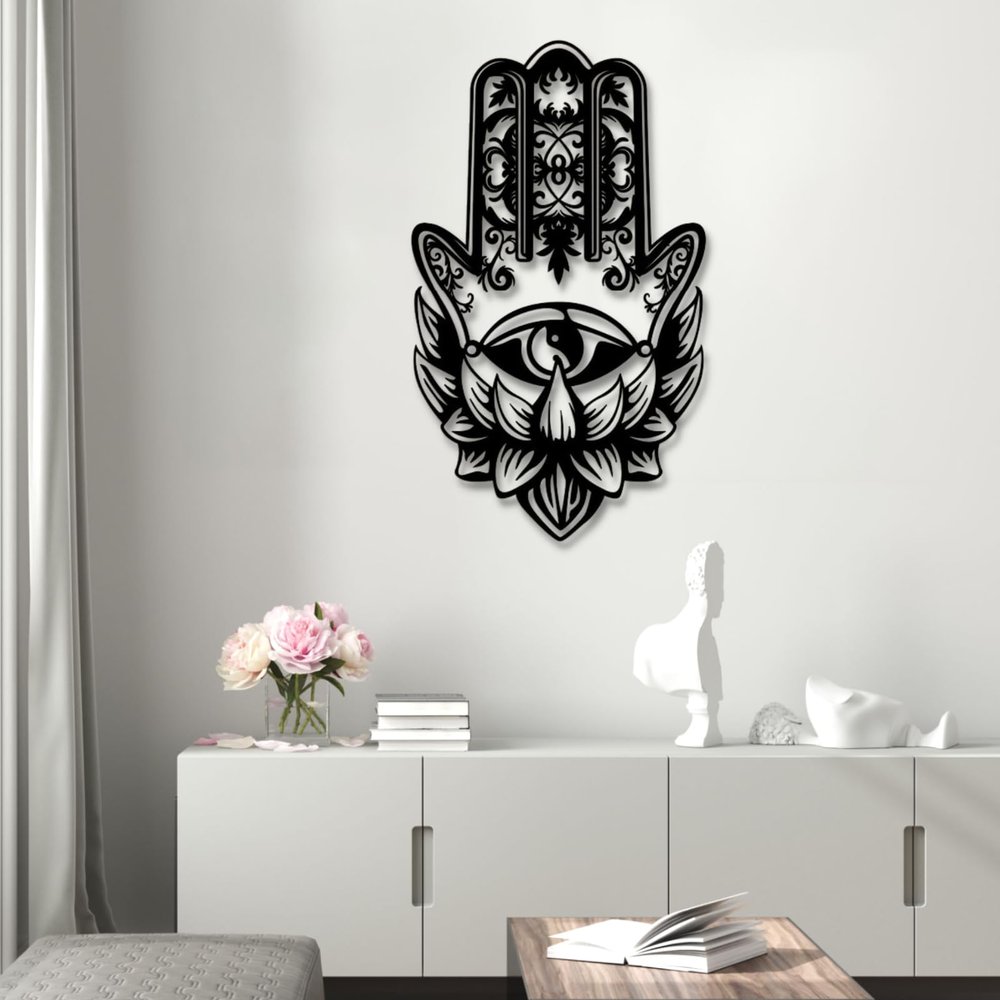 Hamsa Hand Metal Wall Decor, Hamsa Wall Decor, Sacred Geometry Metal Wall Art, Evil Hamsa Wall Art, Hand of Fatima Large Metal Wall Decor, Lotus Flower Wall Decor, Living Room Wall Decor (Black, 25"x14"|66x38cm)
