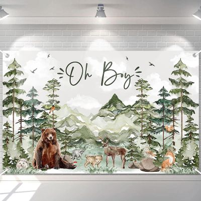 Avezano Oh Boy Backdrop Forest Adventure Baby Shower Photography Background Mountain Wilderness Woodland Baby Shower Decorations Watercolor Greenery Forest Party Photoshoot Banner (6 x 3.6 ft)