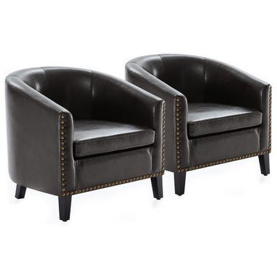 BELLEZE Accent Barrel Chair, Set of 2 Modern Faux Leather Tub Club Chair Upholstered Armchair with Gold Nail Head Trim and Black Legs for Living Room Bedroom Apartment Lounge - Dark Brown