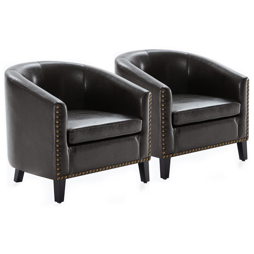 BELLEZE Accent Barrel Chair, Set of 2 Modern Faux Leather Tub Club Chair Upholstered Armchair with Gold Nail Head Trim and Black Legs for Living Room Bedroom Apartment Lounge - Dark Brown