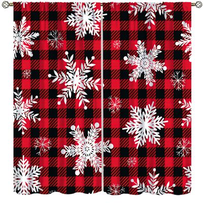 Christmas Plaid Curtains, Christmas Snowflake Printed Red and Black Buffalo Plaid Home Decor for Holiday Bedroom Living Room55X63 Inch