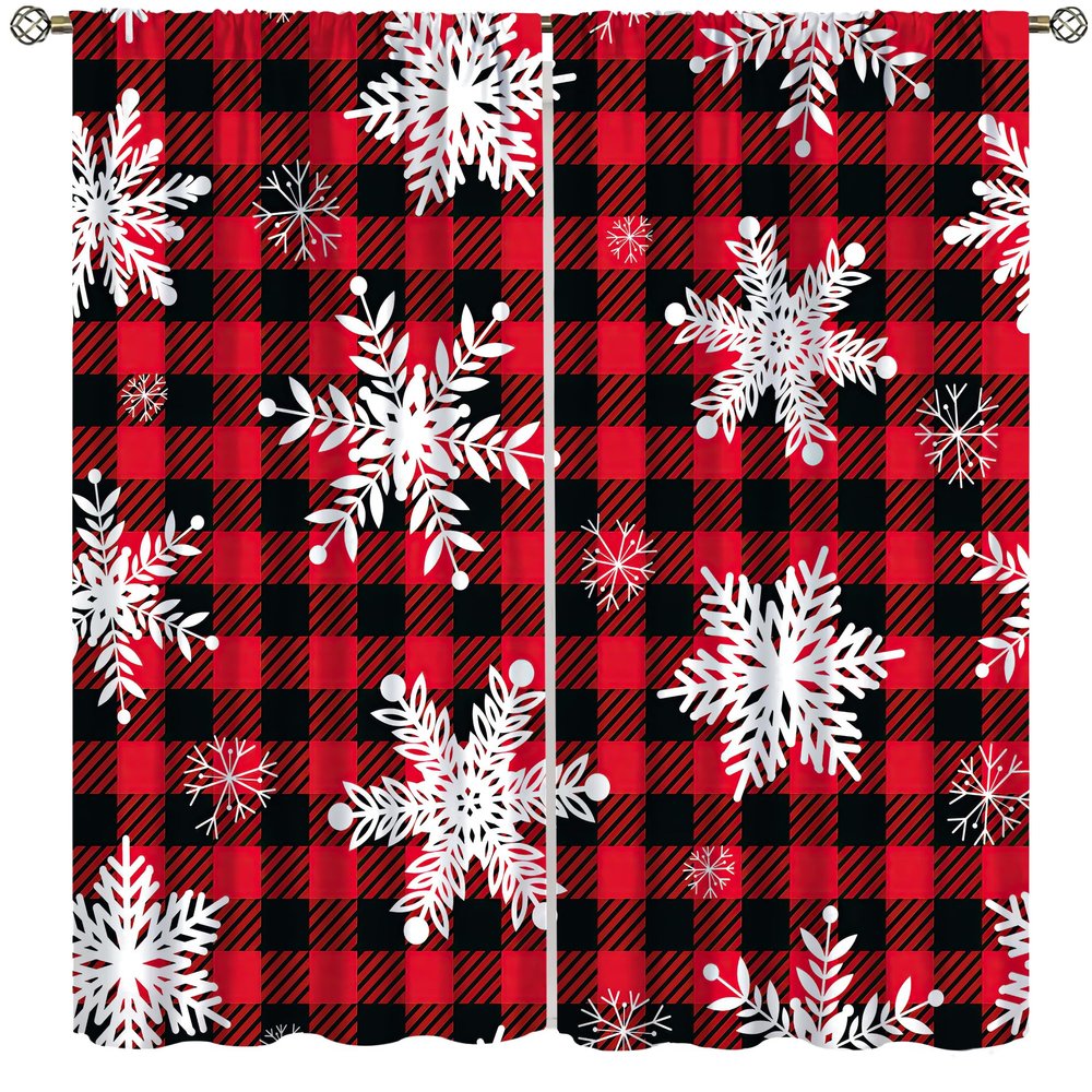 Christmas Plaid Curtains, Christmas Snowflake Printed Red and Black Buffalo Plaid Home Decor for Holiday Bedroom Living Room55X63 Inch