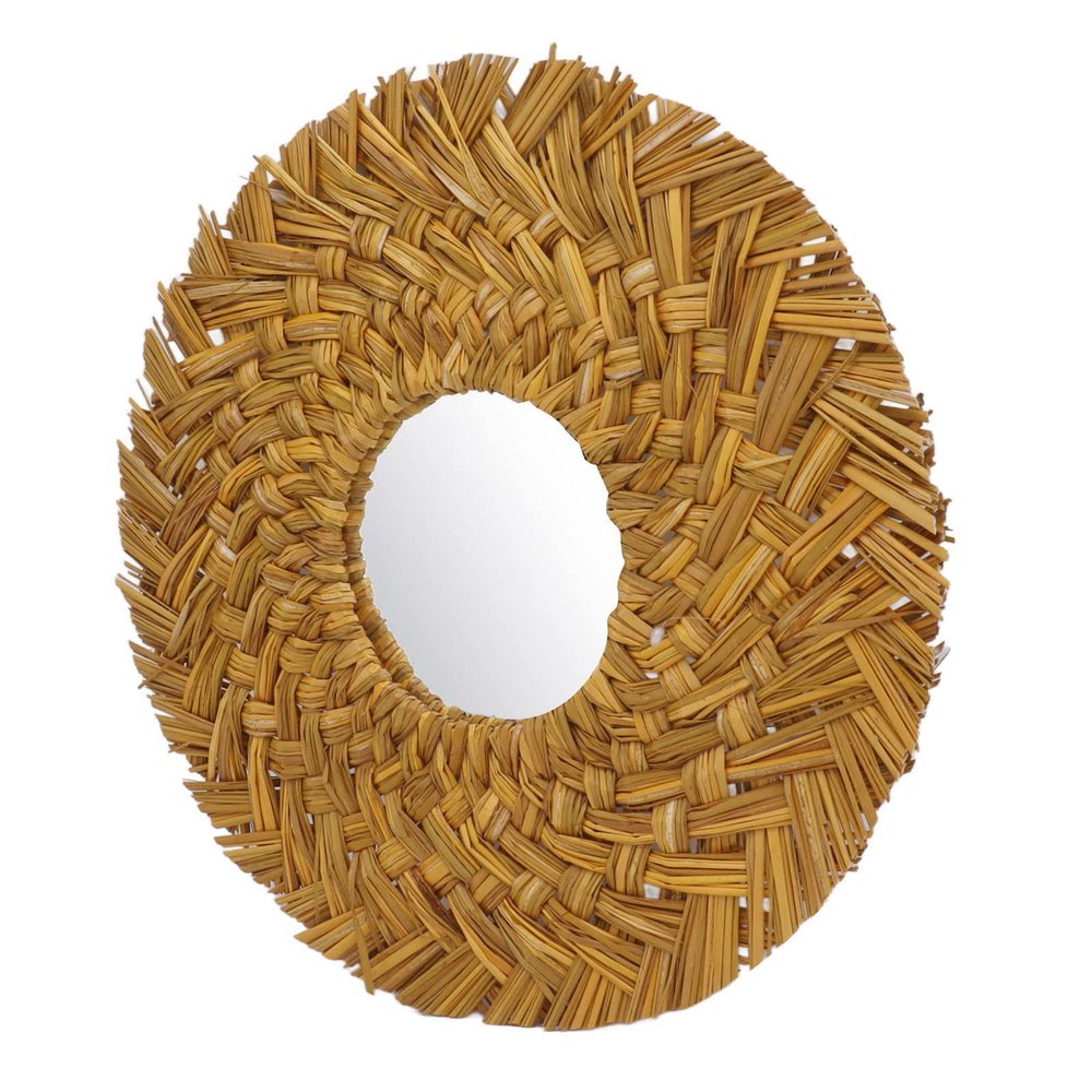 Honio Straw Weaving Wall Mirror, Easy to Retro HD Imaging Beautiful Wall Decor Mirror for Living Room (Gold)