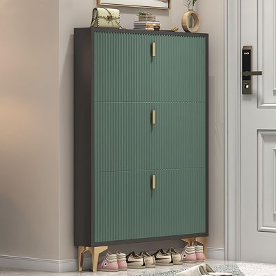 BRANII Narrow Shoe Storage, Entryway Shoe Rack, 3 Flip Drawer Shoe Cabinet, Adjustable Shelves Shoes Organizer, for Living Room, Hallway, Entryway, Apartment (Color : Green, Size : 60X24X120cm)