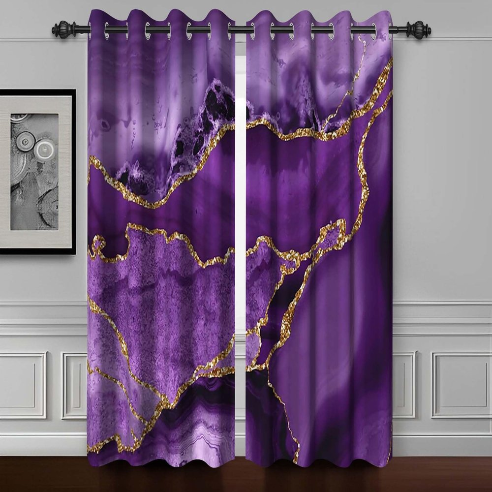 Baocicco Purpled Gold Marble Blackout Window Curtains for Bedroom Living Room Gold Glitter Texture Print Darkening Window Drapes with Grommets Modern Luxury Design Purpled Curtain 2 Panels 42x96 Inch