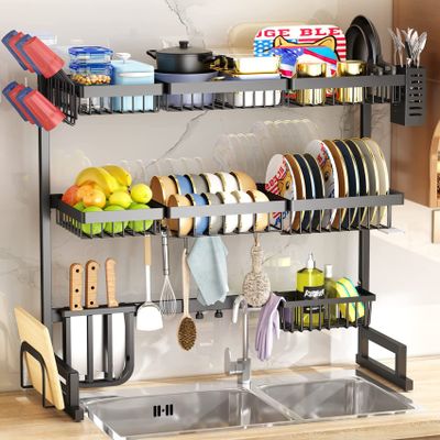 Over The Sink Dish Drying Rack with Fruit Basket, 2-Tier Kitchen Counter Dish Drainer Rack Adjustable (33.8 to 41.5 inch), Expandable Utensil Holder Caddy Metal Hook, Black ( Color : Black 3 Tiers 33.
