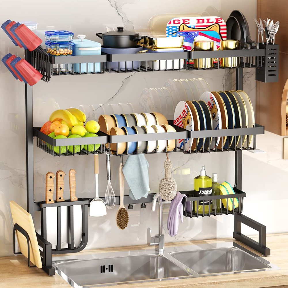 Over The Sink Dish Drying Rack with Fruit Basket, 2-Tier Kitchen Counter Dish Drainer Rack Adjustable (33.8 to 41.5 inch), Expandable Utensil Holder Caddy Metal Hook, Black ( Color : Black 3 Tiers 33.