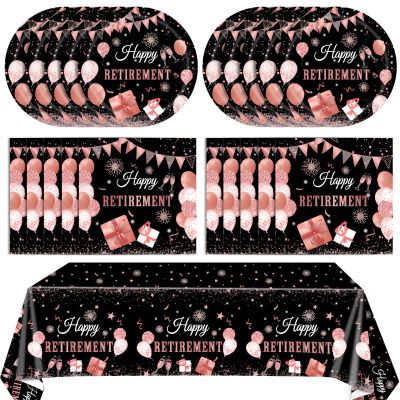41PCS Retirement Decorations for Women Black Rose Gold Themed Retirement Decor Paper Plates Napkins Tablecloth Set for Women's Say Goodbye Party Supplies