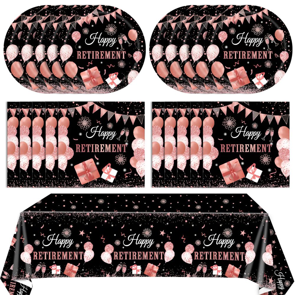 41PCS Retirement Decorations for Women Black Rose Gold Themed Retirement Decor Paper Plates Napkins Tablecloth Set for Women's Say Goodbye Party Supplies